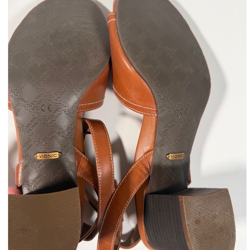 Vionic Tan Leather Block Heel Sandals Ankle Strap Boho Minimalist Brown Women 10 - Picture 8 of 9